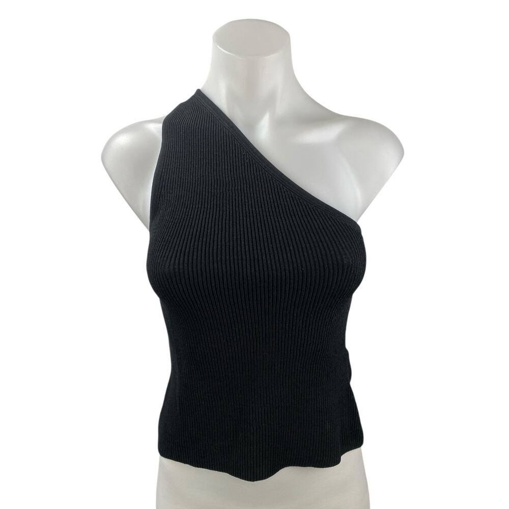 DL1961 Women's Black Ribbed Knit One Shoulder Sleeveless Crop Tank Top Size S